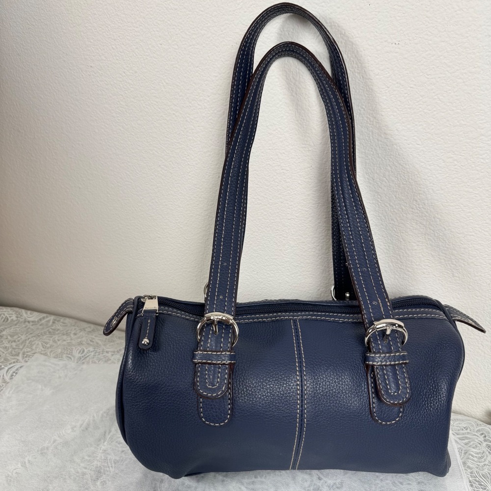 Tignanello Navy Blue Pebbled Leather Barrel Shoulder Bag Silver Hardware Buckle